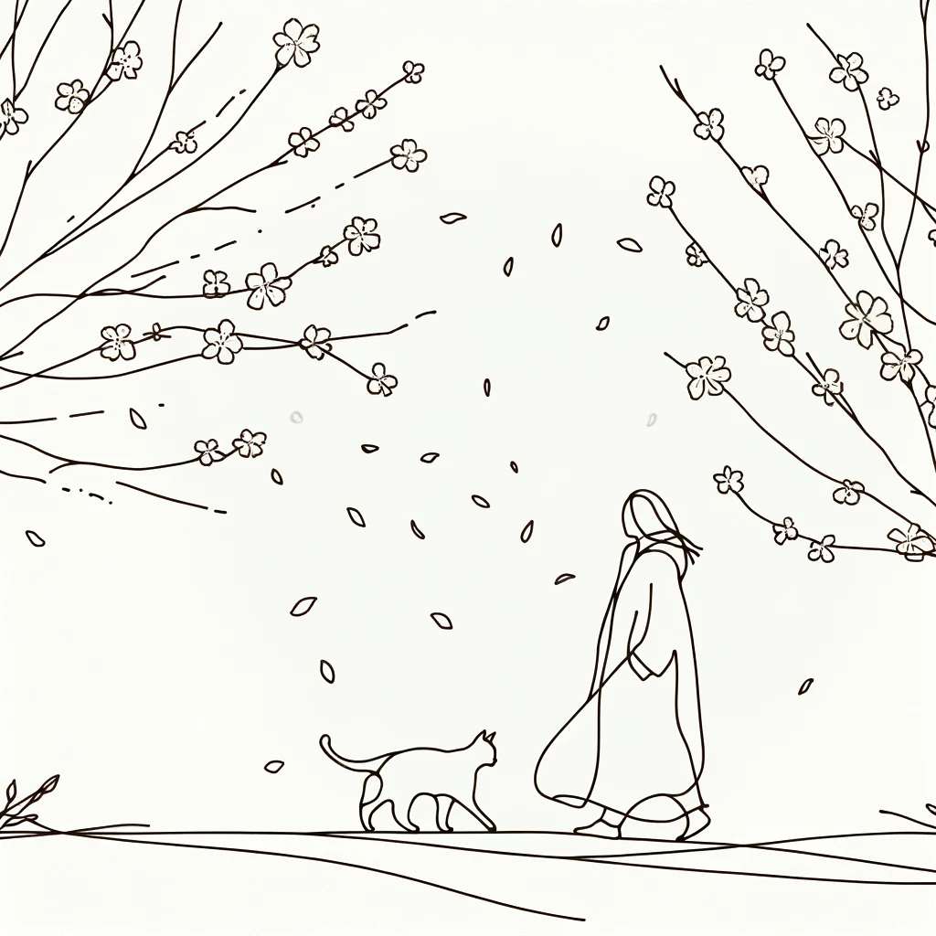 桜の中を散歩する人と猫のイラスト